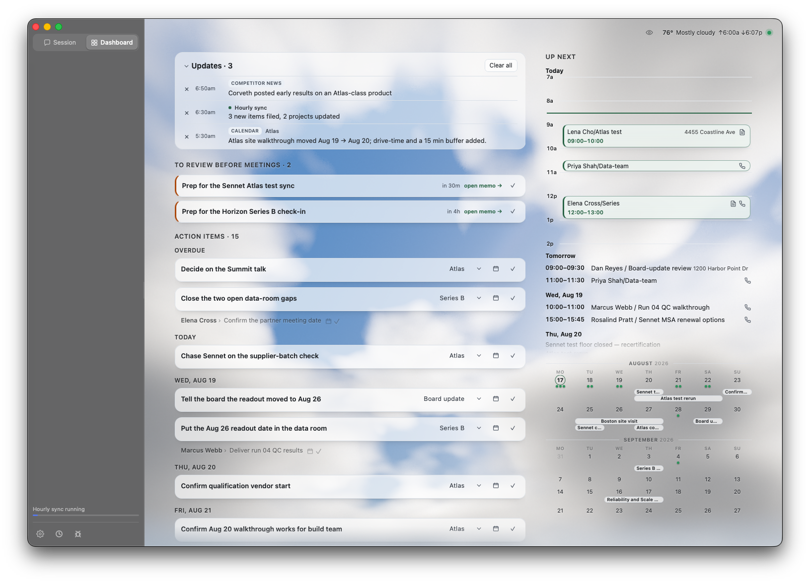 Dashboard tab showing an updates feed, a to-review-before-meetings list, action items grouped by date, and today's agenda on the right