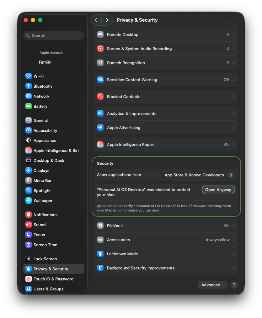 macOS System Settings Privacy and Security pane, Security section, with an Open Anyway button next to the blocked-app notice