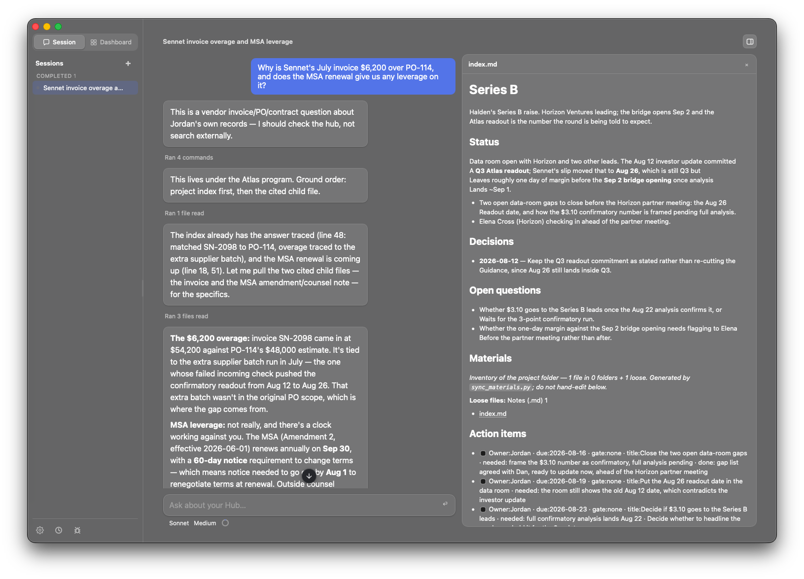 Session tab showing a chat conversation with the hub, a list of commands and files it read, and a right-hand panel with the cited source file open